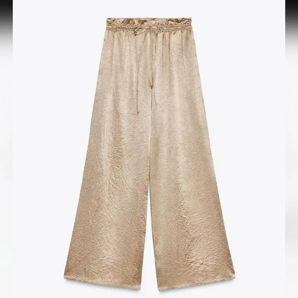 Zara Zw Collection Gold Satin Wide Leg Flowy Pants With Elastic Waist Sz-M - Picture 2 of 8